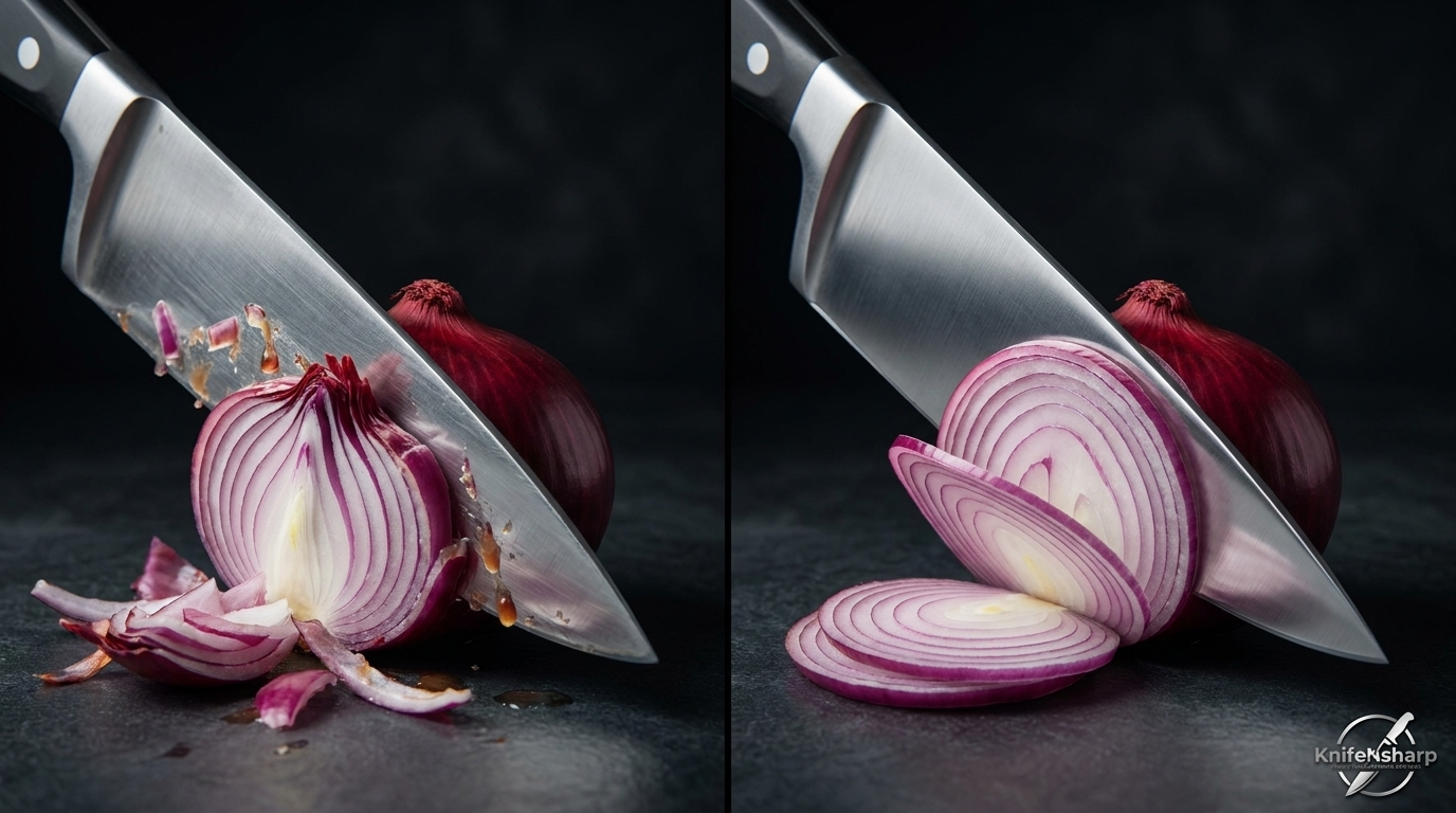 Before and after sharpening knife onion test